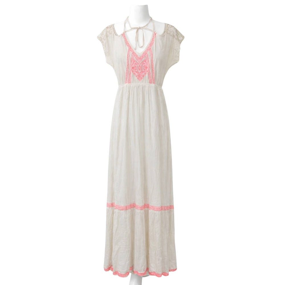 Flying Tomato Women's Boho Maxi Dress Size Small Ivory Embroidered Short Sleeve
